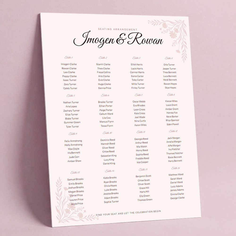 Vowelle personalised wedding seating chart printed on foam board