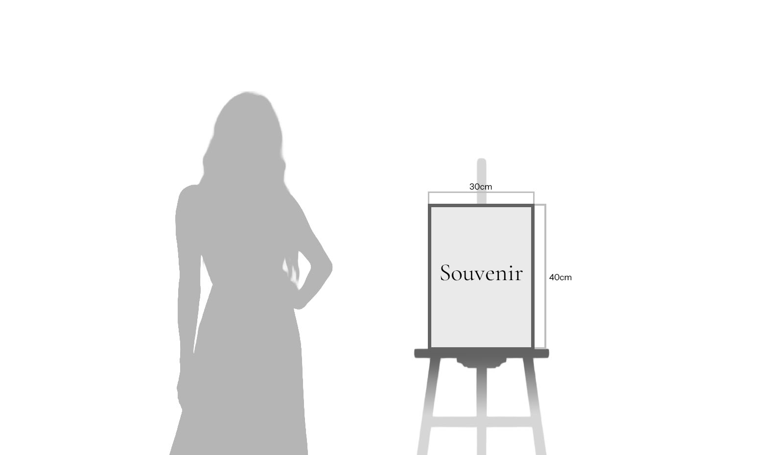 30×40 cm print on easel with person for scale