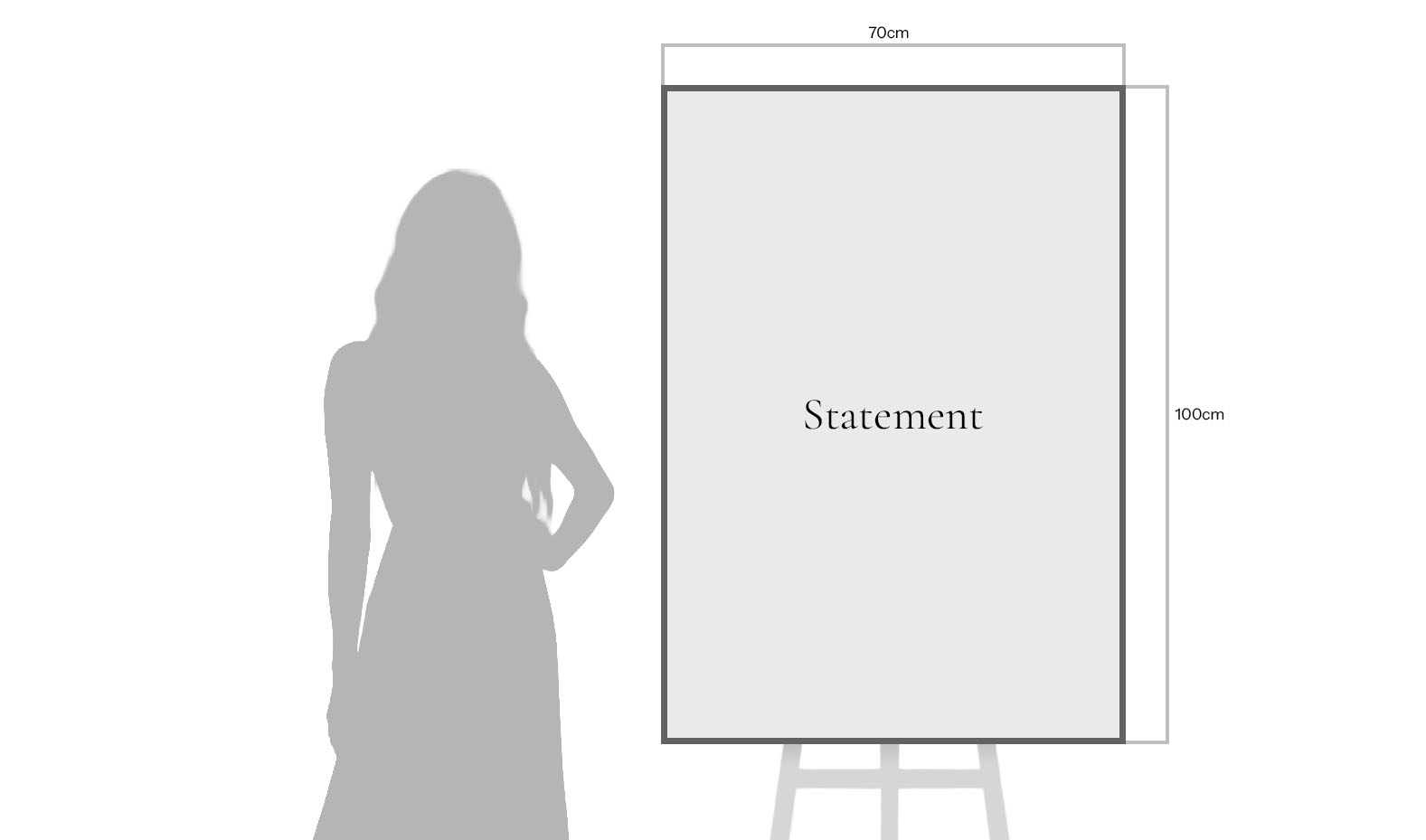 70×100 cm print on easel with person for scale