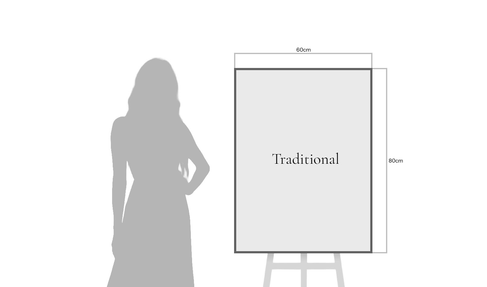 60×80 cm print on easel with person for scale